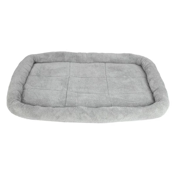 Gray plush rectangular dog bed with soft padded bolster edges on a white background