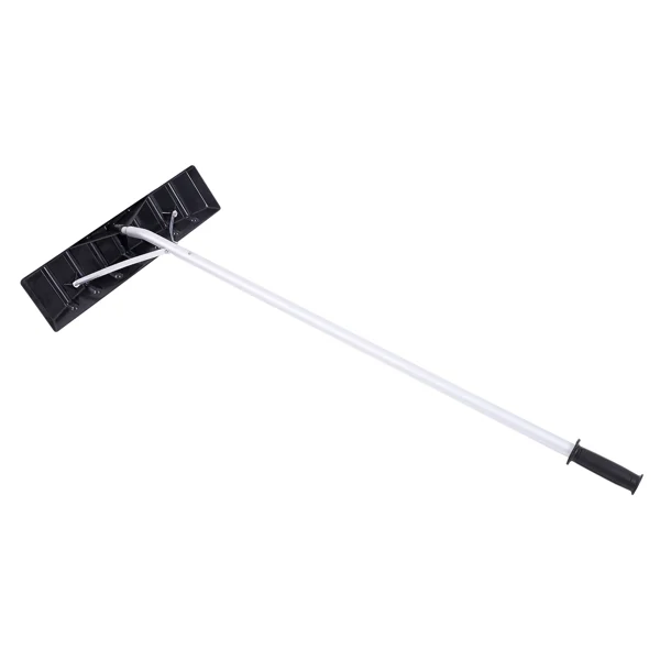 Black wide-blade snow rake with long silver aluminum handle and black grip shown diagonally on a white background