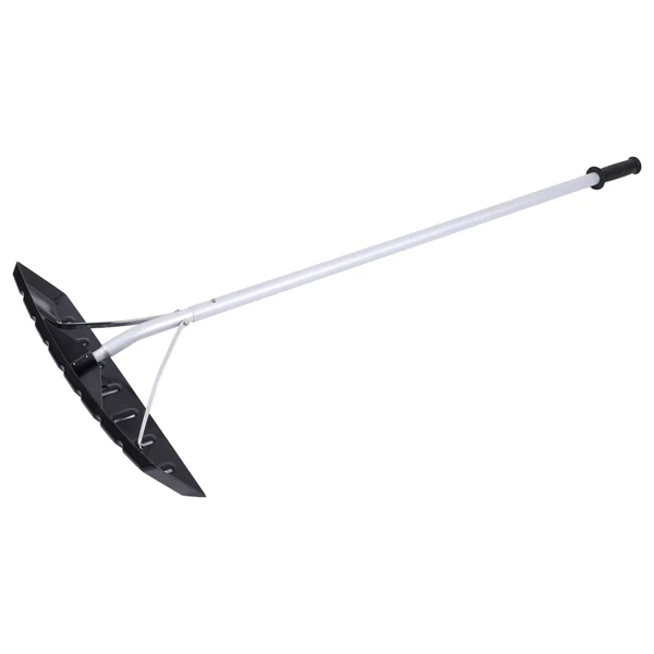 Wide blade of the snow rake next to a roof edge, showing coverage area