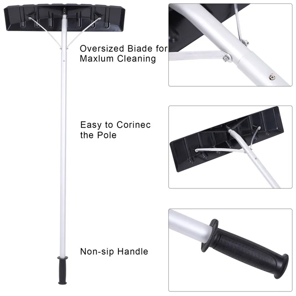 Diagram of a PP snow rake with wide black blade and silver pole, showing close-ups of the blade, pole joint and non-slip grip handle.