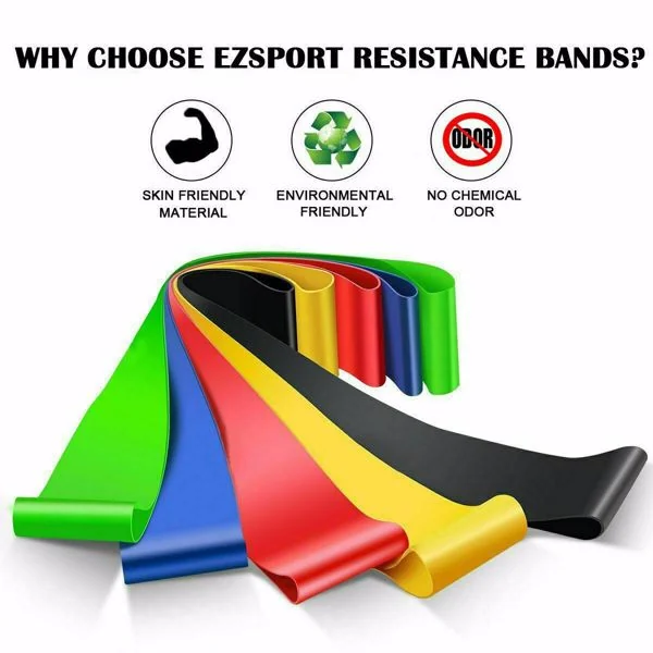 Graphic showing EZSport resistance bands with icons for skin-friendly, eco-friendly, and odorless features.