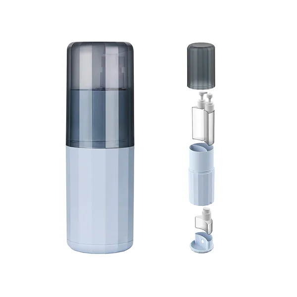 Light blue travel toothbrush cup set shown assembled and disassembled with bottles and cap on white background