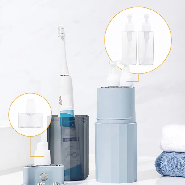 Travel cup set placed on a bathroom counter with a toothbrush and bottle