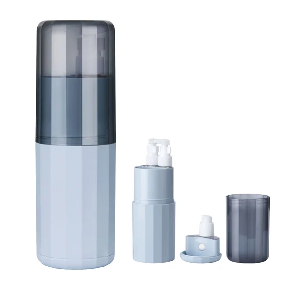 Light blue 6-in-1 travel toothbrush cup set with pump bottles and gray cap, disassembled on white background
