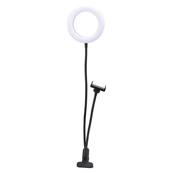 White 6 inch LED ring light on flexible black gooseneck with phone holder clip and desk clamp base