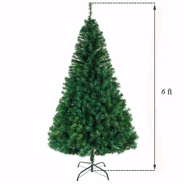 Green artificial Christmas tree on metal stand with dimension arrow marking 6 ft height, white background