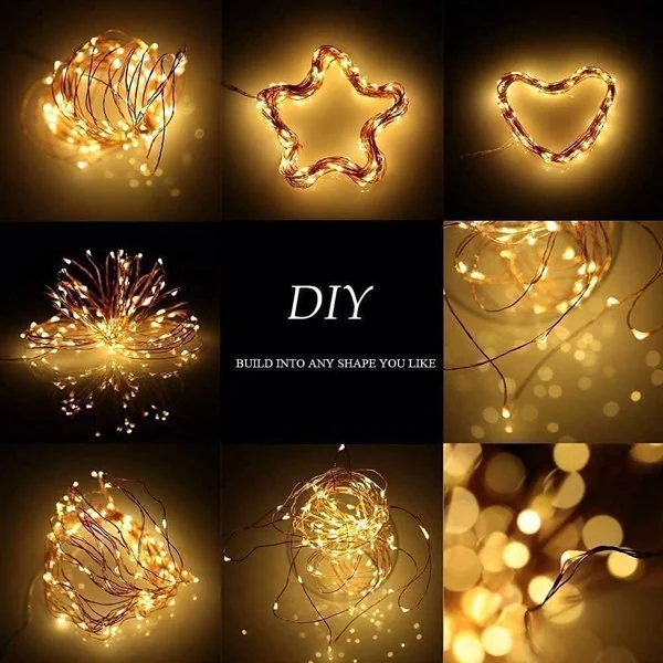 Grid collage of warm white LED copper wire fairy lights coiled and shaped into a star, heart and bursts, with DIY text in center