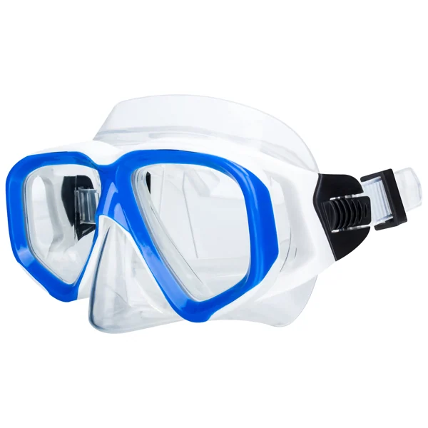 Blue and white adult diving mask with clear tempered glass lenses, silicone skirt and adjustable strap buckle