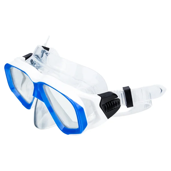 Blue and white adult diving mask with clear lenses, black buckle and adjustable head strap on white background