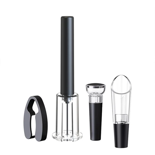 Four-piece wine accessory set with black air pressure pump corkscrew, foil cutter, vacuum stopper and aerating pourer on white background