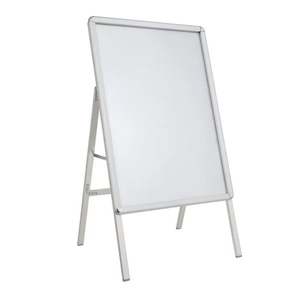 Silver aluminum 32mm single-sided A-frame poster stand with blank white board, shown angled on a white background
