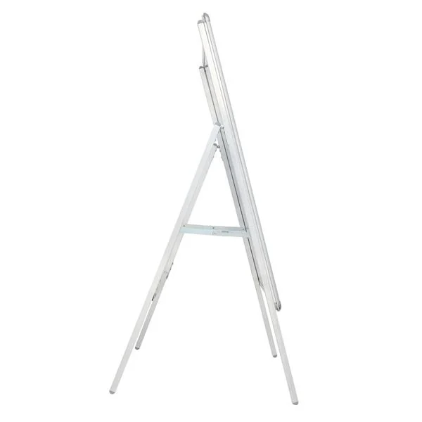 Side view of a silver aluminum single-sided A-frame poster stand with angled legs on a white background