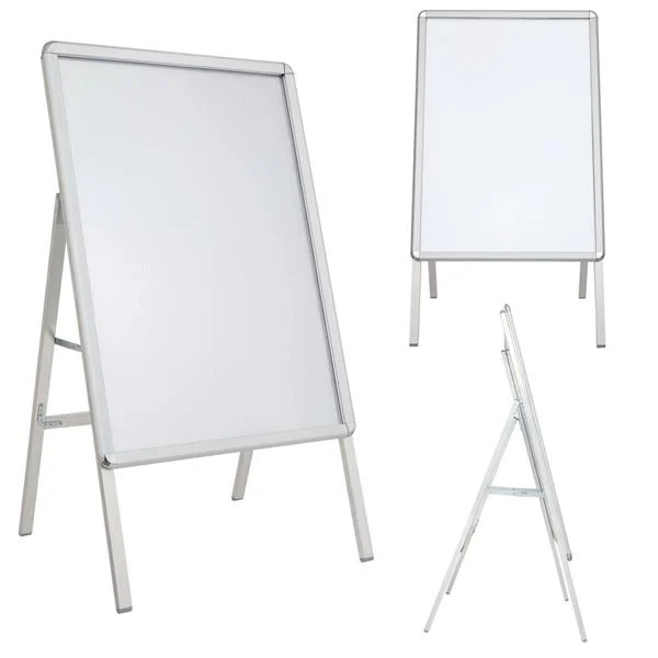 Silver aluminum 32mm A-frame poster stand shown from front, back, and folded angles on a white background