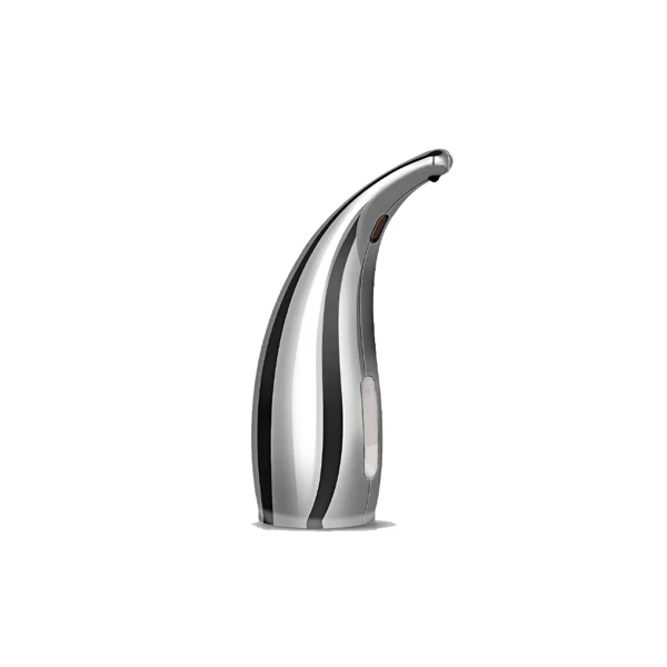 Polished chrome automatic touchless soap dispenser with curved spout on a white background