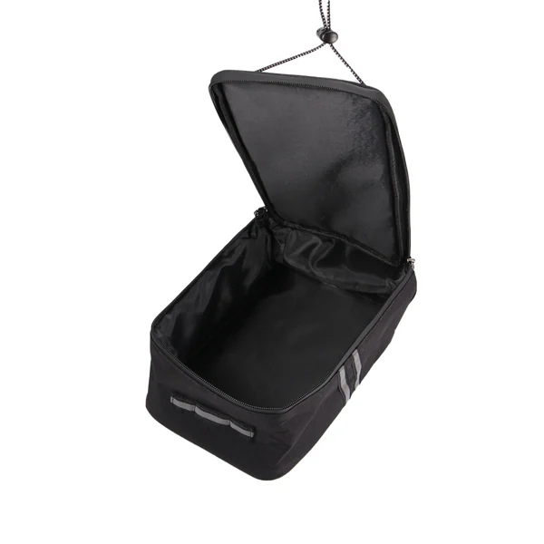 Black bicycle rear rack pannier bag shown open with empty lined interior on a white background