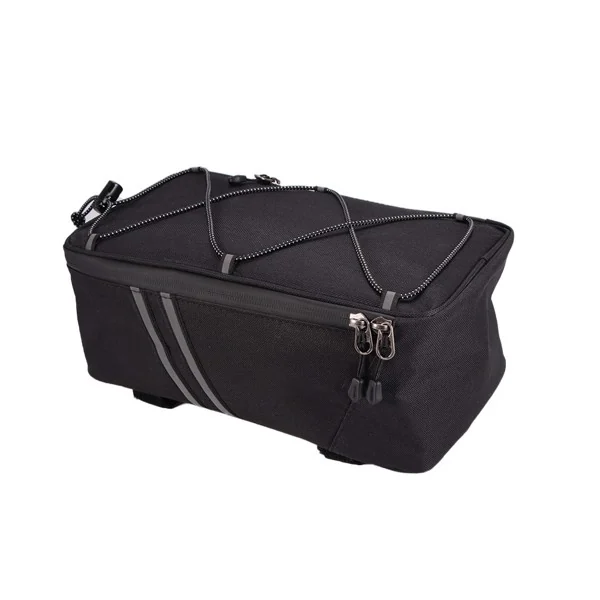 Black waterproof bicycle rear rack pannier bag with elastic bungee cords, reflective strip and zipper pulls on a white background.