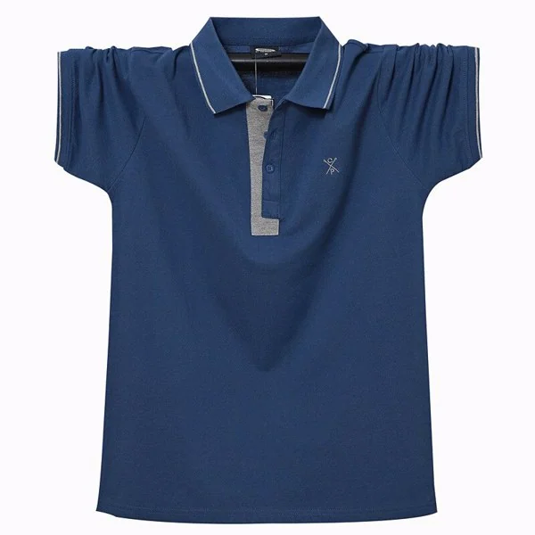 Navy blue men's short sleeve polo shirt with a contrasting grey button placket and white collar piping.