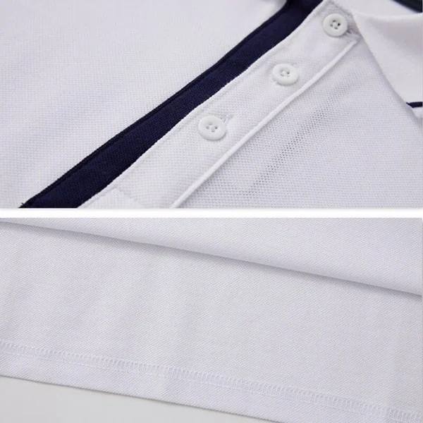 Close-up detail of a white men's polo shirt with navy blue collar trim, white buttons, and cotton pique fabric texture.