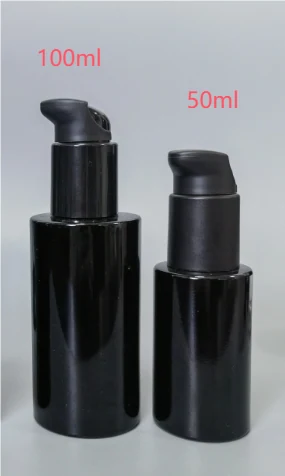 Two black glass bottles with black rotating pump caps, 100ml and 50ml, against a plain light background