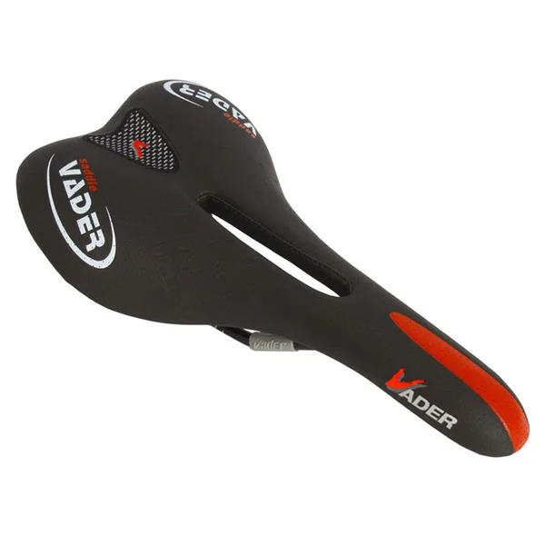 Black VADER bicycle saddle with red accents and central relief cutout, shown at an angle on a white background.