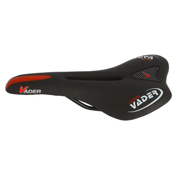 Black and red VADER mountain bike saddle with central relief groove, shown on a white background