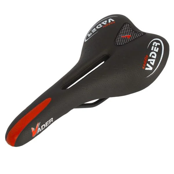 Black mountain bike saddle with red VADER logo accents and center relief groove, shown on a white background