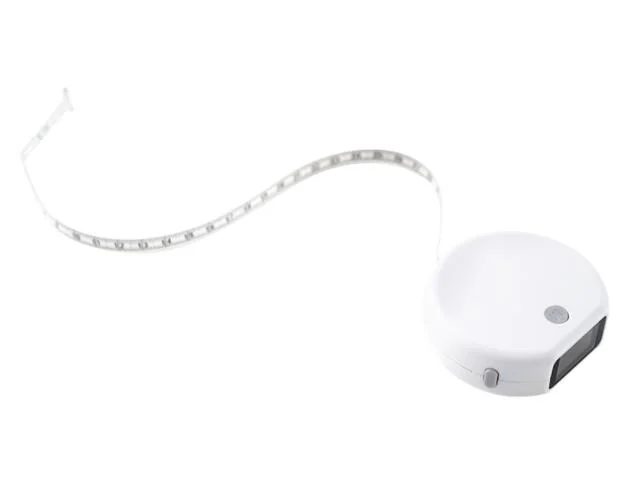 White smart Bluetooth body measuring tape with round digital housing and extended measuring tape on plain background