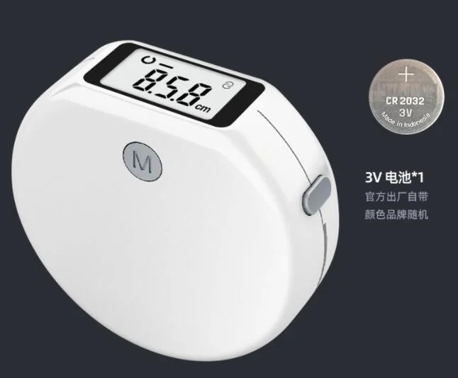 White digital Bluetooth tape measure displaying 25.0cm with a CR2032 battery inset.