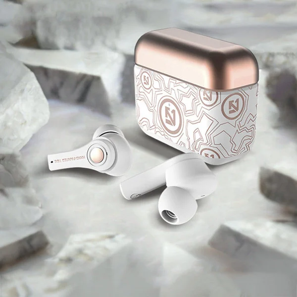White wireless Bluetooth earbuds with rose gold charging case on white marble background