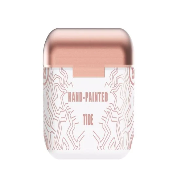 Wireless earbud charging case with rose gold lid and white hand-painted tide pattern design