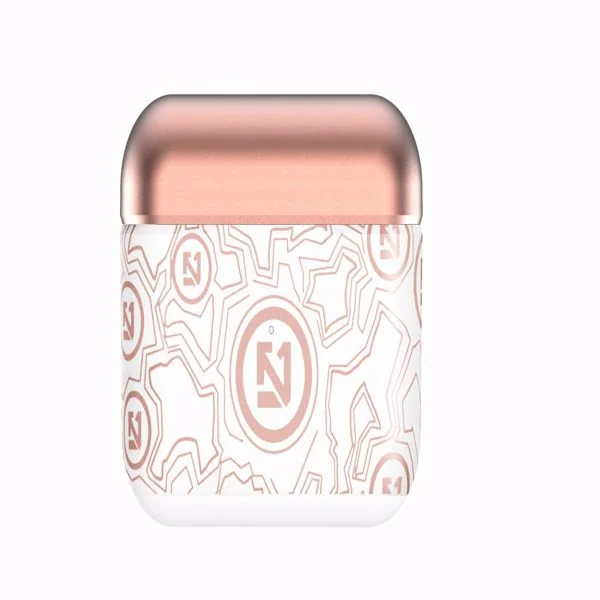 Headset placed on a hand with the charging case beside it, highlighting portability