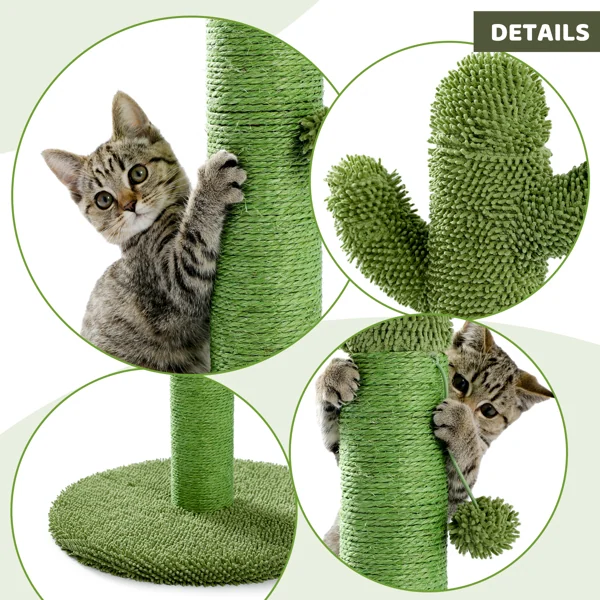 Detail collage of a green cactus-shaped sisal cat scratcher with kittens climbing the post and a round base with ball toy
