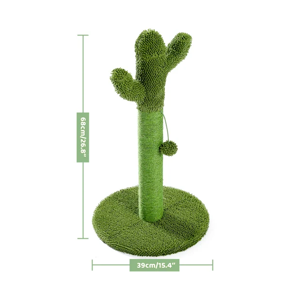 Green cactus-shaped cat scratching post with sisal pole, plush round base and hanging ball toy, 68cm tall