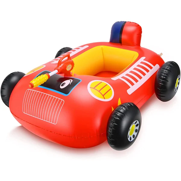 Red inflatable ride-on car-shaped pool boat for kids with yellow seat, black wheels and attached water squirt toy