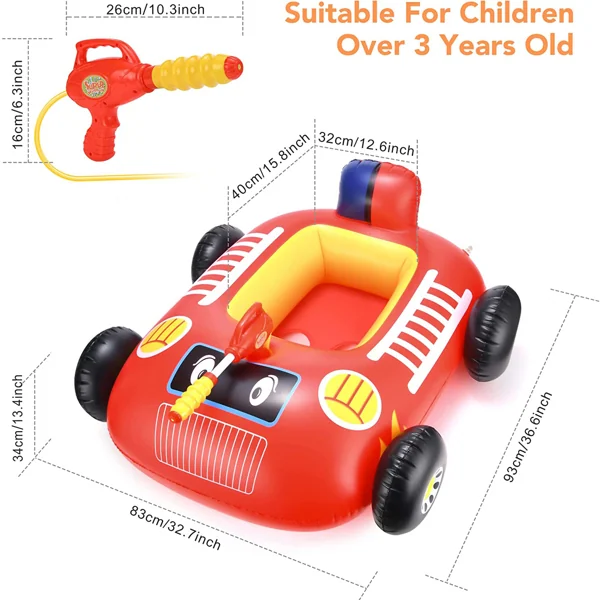 Red inflatable car-shaped seat boat with dimensions and a separate water squirt gun.