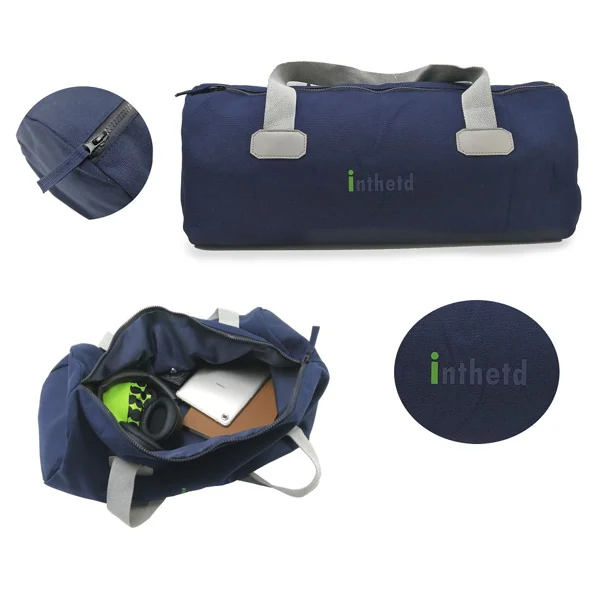 Collage showing a navy blue duffel tote from multiple angles, including an open view with contents and a close-up of the logo.