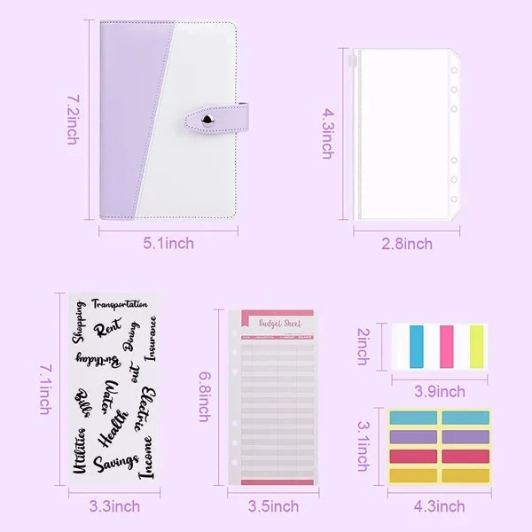 Dimension diagram of lavender and white budget binder with cash envelope pouches, budget sheets and label stickers