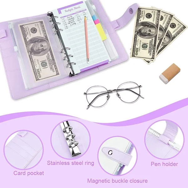 Binder open with budget sheets inserted and visible income and expense tables