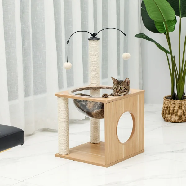 cat tree with all parts laid out on a floor for assembly