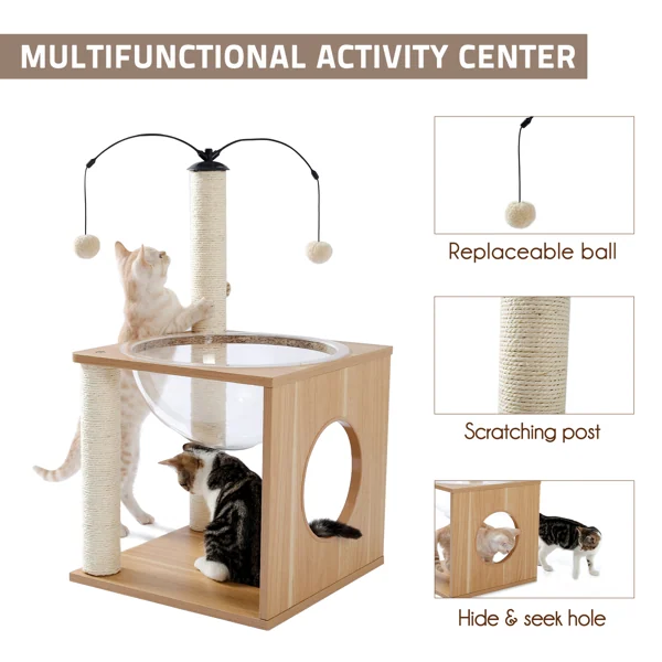 Infographic of a wooden cat tree with two cats, labeling replaceable ball toys, sisal scratching post, and hide-and-seek hole