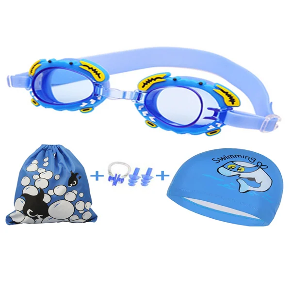 Blue children's swimming goggles set with shark-design swim cap, mesh drawstring bag, and blue ear