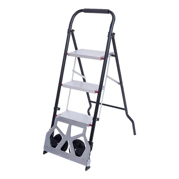 Black steel three-step folding ladder doubling as a hand truck with wheels and toe plate, on a white background.