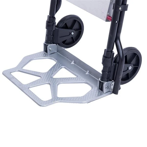 Close-up of a folding hand truck's black wheels, steel frame and diamond-plate aluminum toe plate on a white background