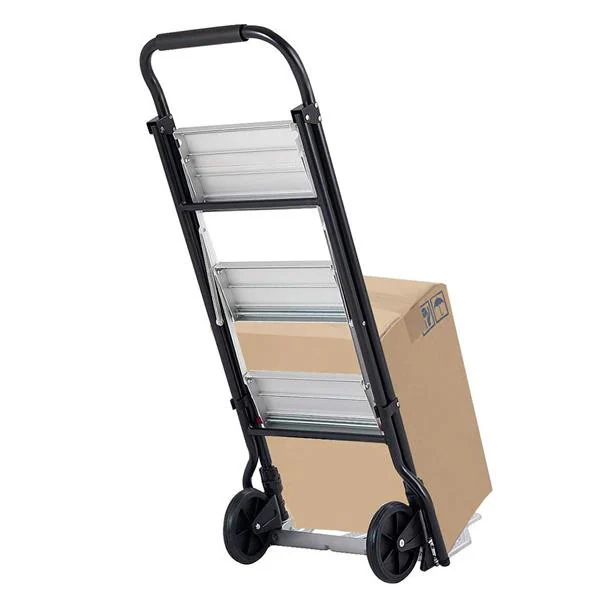 Side view of the ladder showing the 6-inch rubber wheels and steel frame