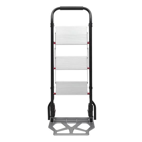 Hand truck carrying a heavy box across a tiled floor