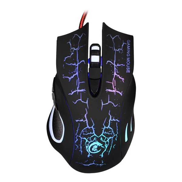 Black wired gaming mouse with glowing crack pattern design and illuminated side accents on white background
