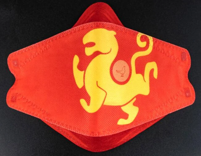 Red disposable 3D KN95 mask with golden mythical lion print shown against a dark background