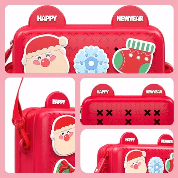 Collage of a red toddler crossbody bag with Santa Claus, snowflake and stocking appliques and Happy New Year tabs