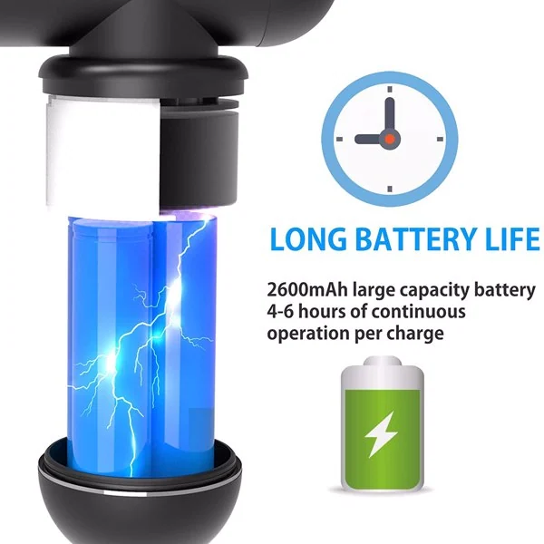 Massage gun with all 4 attachments laid out on a surface, showing the different shapes