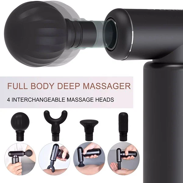 Black percussion massage gun with ball attachment shown close up, plus four interchangeable massage heads and usage examples